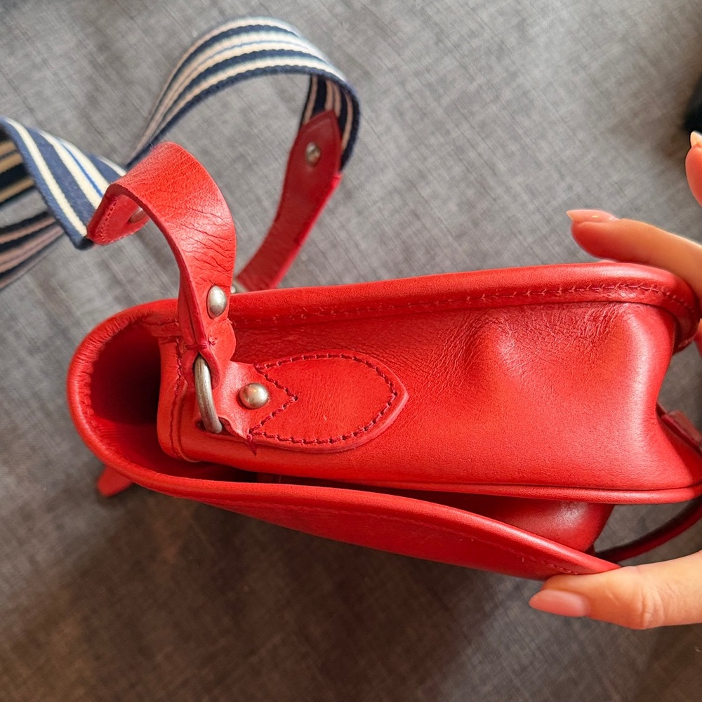 Rugby Ralph Lauren Leather Red Saddle Bag with Blue and White Striped Strap - Picture 5 of 10